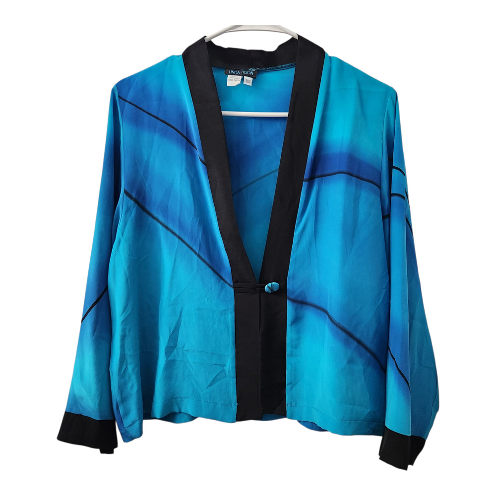 Linda Tilson Vintage Silk Top XS Blue & Black Retro 90s Classic Office Chic‎